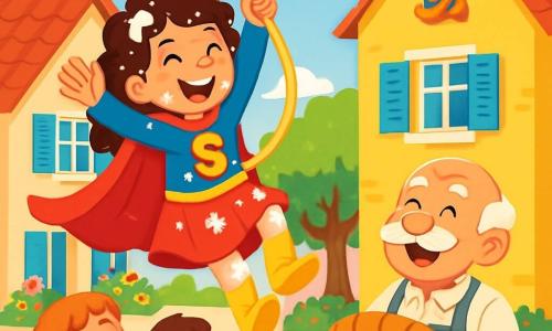 Super-Sophie, une jeune femme souriante aux cheveux bouclés et en cape rouge, glisse sur une liane de spaghettis, les bras en l'air, avec un grand sourire. Elle est couverte de farine, ajoutant une touche comique. À ses côtés, Monsieur Brioche, un homme d'environ 60 ans avec une moustache blanche et un tablier, rit en tenant une miche de pain. Le décor est une place de village pittoresque avec des maisons colorées et des fleurs dans les jardins. Super-Sophie est en train de sauver un chat coincé sur un toit, tandis que les villageois amusés l'observent.
