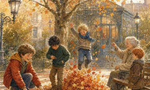 Quatre garçons d'environ 10 ans jouent autour d'un grand érable d'automne aux branches presque nues : à gauche un garçon châtain en veste rouge moutarde ramasse une grande feuille orange en riant, au centre-gauche un garçon aux cheveux noirs bouclés en pull vert dépose un gland dans sa poche, au centre-droit un blond à l'écharpe bleue saute dans un tas de feuilles tourbillonnantes, et à droite un roux en manteau brun regarde une vieille dame assise sur un banc en bois patiné en lui tenant une petite cloche imaginaire ; la vieille dame sourit en agitant un carillon métallique, la scène se déroule dans un parc urbain le matin avec une lumière douce et dorée, tapis de feuilles rouges, jaunes et orange, allée de gravier clair et arrière-plan d'immeuble vitré, l'ambiance est chaleureuse aux tons automnaux, avec textures aquarelle et rehauts lumineux.