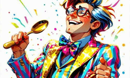 Super-Sottard, un homme aux cheveux ébouriffés et colorés, porte un costume à rayures scintillantes et danse joyeusement avec un grand sourire, tenant une cuillère géante. À ses côtés, le docteur Ratage, avec des lunettes trop grandes et un costume froissé, essaie de sortir d'une flaque de gelée, surpris mais amusé. Son robot assistant Patatras, aux formes arrondies, flotte dans les airs avec des ballons colorés. La scène se déroule sur la place du marché de Rigolopolis, entourée de maisons en forme de gâteaux et de voitures rigolotes, où des enfants jouent autour d'une flaque de gelée, sous un ciel teinté d'orange et de rose. Super-Sottard et le docteur Ratage, bien que rivaux, s'amusent ensemble, transformant le chaos en une fête joyeuse célébrant l'amitié et la bonne humeur.