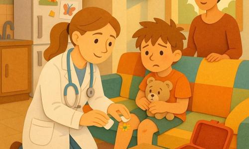 Une médecin du sport souriante et rassurante, cheveux châtain en queue de cheval, blouse blanche, agenouillée pour nettoyer et panser doucement le genou d'un garçon de 8 ans, Lucas, cheveux bruns en bataille, tenant une peluche, assis sur un canapé coloré ; une mère aux cheveux foncés en chignon debout à côté, attentive et soulagée ; un sac médical ouvert sur une table basse avec trousse scintillante, sifflet bleu et grelot ; décor cuisine-salon lumineux avec frigo couvert de dessins, tapis moelleux, murs pastel et lumière douce ; scène stylisée aux couleurs vives, textures papier découpé, gestes précis et pansement étoile, dépliant d'exercices à côté.