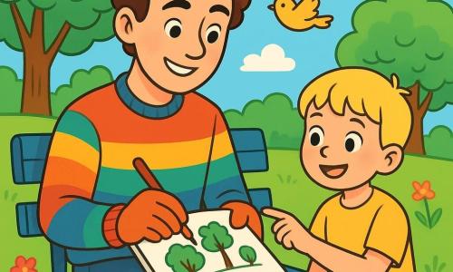 Un jeune homme souriant, d'environ 20 ans, aux cheveux bruns et bouclés, est assis sur un banc bleu dans un parc. Il porte des gants en laine douce et un pull coloré, concentré sur son carnet de croquis. À côté de lui, un petit garçon de 6 ans, aux cheveux blonds, observe avec émerveillement. Le parc est verdoyant, avec de l'herbe éclatante, des fleurs colorées et des arbres majestueux. Le ciel est bleu clair avec des nuages blancs. Le jeune homme dessine la vie qui l'entoure, tandis que le petit garçon admire son travail, créant une atmosphère de partage artistique.