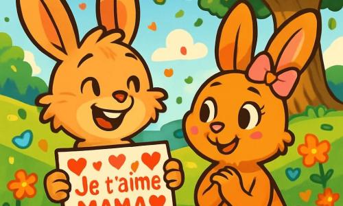 Au centre de l'image, Léon, un petit lapin aux grandes oreilles et à la fourrure douce, sourit fièrement en tenant une pancarte colorée avec des cœurs pour sa maman. À ses côtés, Madame Pompon, une lapine aux yeux pétillants et au ruban rose, regarde son fils avec tendresse. En arrière-plan, la prairie de la Colline aux Carottes est illuminée, avec un grand chêne et des fleurs colorées. La scène est joyeuse et festive, les lapins célébrant la fête des mères avec des confettis tombant du ciel.