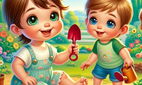 Un petit garçon de 1 an, aux cheveux bruns en désordre et aux yeux curieux, est assis dans un jardin ensoleillé avec une petite pelle rouge. Il sourit joyeusement. Sa maman, une femme d'une trentaine d'années avec de longs cheveux châtains en queue de cheval, l'observe avec tendresse, portant une robe légère à fleurs et un arrosoir. Léo, un garçon de 6 ans aux cheveux blonds et aux yeux bleus, se tient à proximité avec une graine à la main, vêtu d'un t-shirt vert et d'un short en jean, montrant à Lucas où planter la graine. Le jardin est rempli de fleurs colorées et d'arbres majestueux sous un ciel bleu ensoleillé, créant une ambiance estivale joyeuse. Lucas s'apprête à planter la graine, entouré de sa maman et de Léo, dans une belle journée d'été pleine de rires et de découvertes.