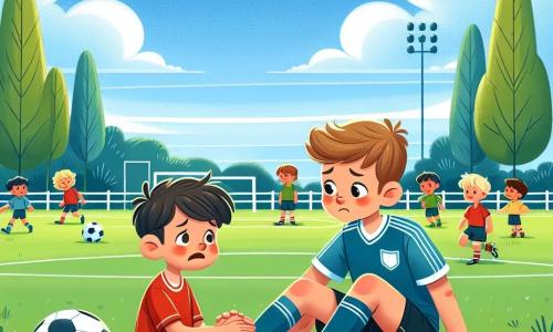 Maxime, un garçon de 10 ans, est assis sur le bord d'un terrain de football, triste, avec des cheveux bruns en bataille, un maillot bleu et un short noir, tenant une balle de football. À côté de lui, Tim, 8 ans, aux cheveux blonds, sourit et lui parle avec enthousiasme, portant un t-shirt rouge et un short jaune. Le terrain est verdoyant, entouré d'arbres et d'une clôture blanche, sous un ciel bleu avec quelques nuages. Maxime, blessé à la jambe, écoute Tim lui proposer de regarder des matchs ensemble, tout en rêvant de rejouer au football.