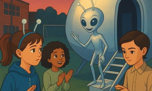 Cinq personnages se tiennent sur la pelouse de l'école au crépuscule : Lina (≈11 ans) châtain en queue de cheval, veste coupe-vent bleue, tenant un bandeau d'antennes et levant la main pour signaler ; Nour (≈11 ans) cheveux bouclés noirs, pull vert clair, pieds nus, souriant et applaudissant ; Zoé (≈11 ans) blonde en tresse, malicieuse, sac à dos tombant, mimant une antenne ; Maëlle (≈11 ans) brune aux cheveux courts, concentrée, tenant une petite lamelle de cristal réparée près de la porte du vaisseau ; et Piko, petit extraterrestre à peau argentée nacrée, tête large avec deux antennes lumineuses, accueillant depuis l'escalier d'un vaisseau-école argenté en forme de graine posé sur l'herbe; ambiance calme et lumineuse d'étonnement, coopération et prudence, ciel violet rosé, filets de soccer et gymnase en brique en arrière-plan.