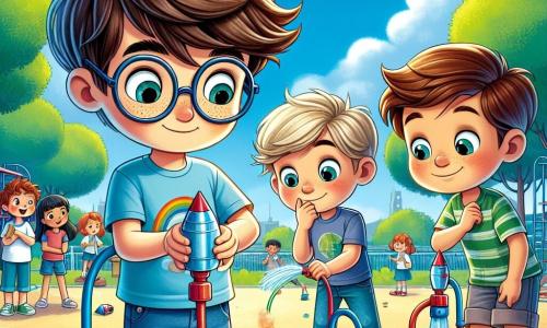 Léo, un garçon de 9 ans, est au centre de l'image, avec des cheveux bruns en bataille et des lunettes rondes. Il sourit avec excitation en regardant sa fusée en plastique. Il porte un t-shirt bleu avec un motif de fusée et un short en jean. À côté de lui, Tom, également âgé de 9 ans, a les cheveux blonds et est concentré à pomper de l'eau dans la fusée. Lucas, un autre garçon de 9 ans, se tient en retrait avec un air sceptique, tenant une tablette pour prendre des notes. La scène se déroule dans la cour de récréation, entourée d'arbres et de jeux colorés, sous un ciel bleu. L'atmosphère est excitante alors qu'ils comptent jusqu'à trois, prêts à lancer leur fusée.