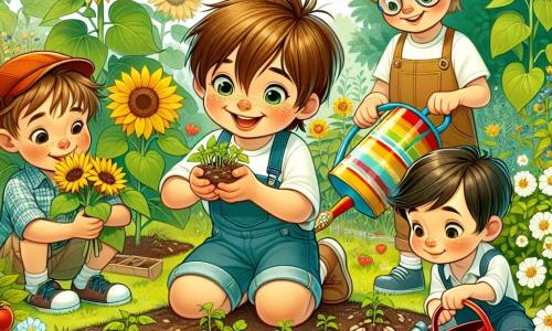 Dans un jardin fleuri, quatre garçons plantent des graines. Lucas, huit ans, avec des cheveux bruns, tient des graines de tournesol. Thomas, aussi huit ans, aux cheveux blonds et lunettes rondes, creuse un trou. Émile, sept ans, arrose les graines avec un arrosoir coloré. Max, huit ans en fauteuil roulant, observe et est prêt à aider. Le jardin est coloré avec des tournesols, des marguerites et des plants de tomates, et un étang scintille au fond. Les garçons rient et s'entraident, créant une atmosphère joyeuse.