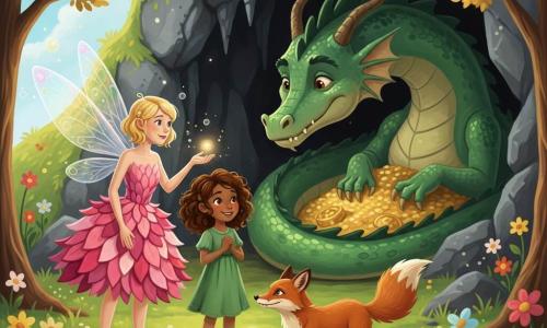 La fée Pétale, joyeuse et un peu nerveuse, ailes translucides irisées, robe de pétales roses et cheveux blonds courts, tend une petite main lumineuse vers l’entrée de la grotte ; Lila, fillette d’environ 7 ans aux cheveux bouclés chocolat et yeux brillants, en robe verte se tient courageuse et souriante, mains jointes ; Roux, petit renard au pelage roux, museau malin et queue touffue, est accroupi et attentif ; le dragon Émeraude, immense mais doux, aux écailles brillantes et aux yeux timides, est allongé dans la grotte la tête sur un tas de trésors dorés, regardant le trio ; sur une colline herbeuse et fleurie, arbres à feuilles dorées encadrant l’ouverture sombre, la fée et ses amis demandent gentiment au dragon de laisser entrer la famille de Pétale, ambiance lumineuse, couleurs chaudes et expressions douces, composition centrée sur le dialogue.