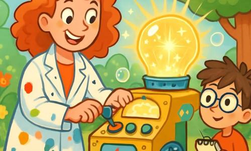 Mademoiselle Inventeur, une femme aux cheveux bouclés et roux, porte une blouse de laboratoire tachée de peinture. Elle a des yeux curieux et un grand sourire, ajustant les boutons de son invention, le Transmutateur, qui brille. À ses côtés, un garçon de 8 ans avec des lunettes rondes observe, carnet en main, prêt à noter. Le décor est une cour ensoleillée avec des fleurs colorées et des arbres doux comme de la peluche, créés par la machine. Des outils sont éparpillés, ajoutant une touche de magie. Mademoiselle Inventeur lance son expérience, entourée de lumières scintillantes et de bulles de savon géantes, créant une atmosphère joyeuse.