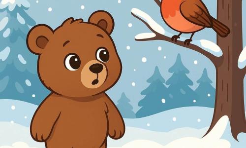 Un petit ours brun, aux yeux ronds et brillants, se tient debout dans la neige, curieux et frissonnant. Son pelage doux et duveteux laisse des empreintes dans la neige fraîche. À côté, un rouge-gorge au plumage rouge vif chante joyeusement sur une branche, ajoutant une touche de couleur à l'environnement blanc. La scène se déroule dans une forêt hivernale enchantée, avec des arbres recouverts de neige scintillante et des flocons tombant doucement du ciel, créant une ambiance paisible et magique. L'ours regarde le rouge-gorge avec curiosité, apportant un moment de joie au cœur de l'hiver.
