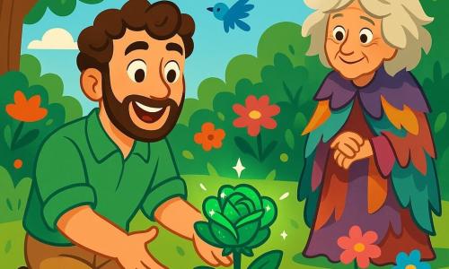 Un homme nommé Lucas, d'une trentaine d'années, aux cheveux bruns bouclés et à la barbe soignée, se tient au centre d'un jardin luxuriant, rayonnant de joie. Il porte une chemise en lin vert et un pantalon beige, s'agenouillant devant une magnifique Rose d'Émeraude aux pétales scintillants. À proximité, Mélisande, une vieille femme d'environ 70 ans aux cheveux argentés et aux yeux pétillants, l'observe avec bienveillance, vêtue de haillons colorés. Le jardin est un havre de paix, rempli de fleurs multicolores, d'arbres majestueux et d'oiseaux chantants, baigné par un doux soleil. Lucas, émerveillé, tend les mains vers la Rose d'Émeraude qui s'épanouit, libérant un parfum enivrant. C'est un moment magique où son amour et sa patience transforment son jardin en un lieu de rêve.