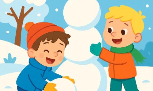 Un garçon de 4 ans, Lucas, avec des cheveux bruns en bataille et des joues roses, sourit en roulant une boule de neige. Il porte un manteau bleu vif, un bonnet rouge et des bottes jaunes. À côté de lui, Tom, son voisin, a des cheveux blonds et un grand sourire. Il porte une écharpe verte et aide Lucas à empiler les boules de neige. Ils se trouvent dans un jardin enneigé, avec des arbres couverts de neige et un ciel bleu clair. Des flocons de neige tombent doucement autour d'eux, créant une ambiance magique. Lucas et Tom construisent un bonhomme de neige, riant et s'amusant ensemble.
