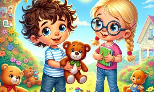 Un petit garçon de 4 ans, aux cheveux bruns en désordre et aux yeux curieux, se tient au centre de l'image, tenant son ours en peluche Teddy. Il sourit, semblant avoir retrouvé un trésor. À côté de lui, sa grande sœur Sophie, 8 ans, avec des cheveux blonds tressés et des lunettes rondes, le regarde avec fierté, prête à noter des indices. En arrière-plan, le jardin est coloré, avec un arbre accueillant et une balançoire. Tim et Sophie, entourés de jouets, célèbrent la découverte de Teddy après une enquête, dans une ambiance joyeuse illuminée par le soleil.