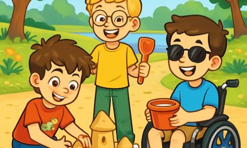 Trois personnages sont présents : Tom, un garçon de 10 ans aux cheveux bruns en bataille, portant un t-shirt rouge avec un dinosaure et un short bleu, est assis sur le sol, concentré sur la construction d'un château de sable. Léo, également âgé de 10 ans, a des cheveux blonds et des lunettes rondes, il porte un t-shirt jaune et un pantalon vert, et se tient debout à côté de Tom avec une pelle, souriant. Noah, un garçon aux cheveux châtains et lunettes de soleil, est assis dans un fauteuil roulant décoré de stickers colorés, tenant un seau de sable et souriant à ses amis. La scène se déroule dans un parc ensoleillé avec un étang scintillant en arrière-plan, entouré d'arbres et de fleurs colorées. Tom, Léo et Noah construisent ensemble un château de sable, illustrant leur amitié et leur créativité à travers leurs rires.