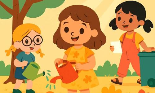 Trois personnages sont présents : Lina, une fille de 6 ans aux cheveux bruns et yeux pétillants, portant une robe jaune à fleurs et versant de l'eau sur une fleur avec un arrosoir rouge ; Zoé, une fille de 5 ans avec des cheveux blonds en tresses et lunettes rondes, habillée d'un t-shirt bleu et d'un short en jean, arrosant un grand arbre avec un arrosoir vert ; et Mia, une fille de 7 ans aux cheveux noirs en couettes, en salopette rose, se dirigeant vers une poubelle avec un morceau de papier. Le jardin ensoleillé est rempli de fleurs colorées, certaines fanées, avec une herbe jaunie et un grand arbre sec au fond. Les trois amies arrosent les plantes pour les aider à revivre, leurs visages joyeux contribuant à l'éveil du jardin.
