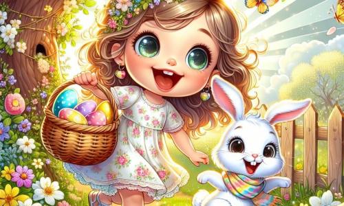 Une petite fille de 4 ans, Lila, avec de grands yeux pétillants et des cheveux bouclés, sourit en tenant un panier en osier rempli d'œufs colorés. Elle porte une robe légère à fleurs et des sandales, sautant d'excitation dans le jardin. À côté d'elle, un lapin blanc souriant, habillé d'une écharpe colorée, danse autour d'un vieux pommier. Le jardin est rempli de fleurs éclatantes, de papillons et de rayons de soleil, créant une ambiance magique. Lila découvre un œuf bleu scintillant caché dans les pétales d'une fleur, émerveillée par la magie de Pâques.