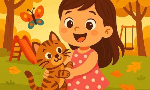 Une petite fille de 4 ans, avec de longs cheveux bruns et des yeux pétillants, porte une robe rose à pois blancs. Elle sourit en tenant un petit chaton tigré nommé Moustache, curieux et heureux. Le chaton est assis sur l'herbe verte, regardant un papillon coloré. Le parc est rempli d'arbres aux feuilles dorées et le sol est couvert de feuilles d'automne. Au loin, un toboggan rouge et une balançoire se balancent. Lily et Moustache jouent ensemble, riant sous la lumière dorée du coucher de soleil.