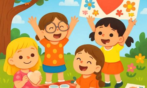 Quatre enfants préparent un pique-nique surprise pour leurs mamans dans un jardin ensoleillé. Lili, 6 ans, est assise sur une nappe à carreaux, souriante avec un sandwich en forme de cœur. Zoé, également 6 ans, se tient debout avec des gobelets de jus de pommes pétillant, les bras levés. Emma, avec une tresse, chante à côté de Lili, tandis que Clara, tenant une banderole « Bonne fête, Maman ! », est entourée de ses dessins. L'ambiance est joyeuse, avec des fleurs multicolores et des oiseaux chantant, créant une atmosphère festive.
