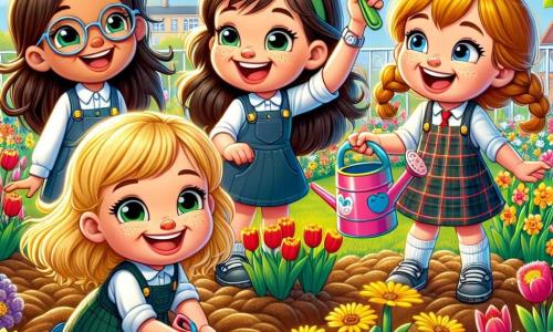Dans un jardin d'école en floraison, quatre filles de cinq ans se tiennent au centre. Léa, avec des cheveux bruns et des lunettes, sourit en tenant une petite pelle. À sa droite, Emma, aux cheveux blonds et bouclés, saute avec un arrosoir coloré. À gauche, Chloé, utilisant une poussette, admire les fleurs naissantes, et Sara, avec des cheveux châtains et une tresse, montre une fleur jaune. Le jardin est rempli de tulipes rouges, de jonquilles jaunes et de fleurs sauvages. Le soleil brille dans un ciel bleu clair, et des abeilles bourdonnent. Les filles plantent des graines, riant et chantant, célébrant le printemps et la beauté de la nature.
