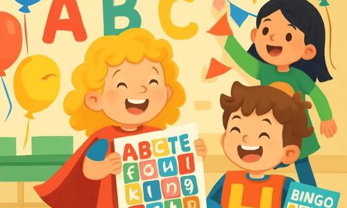 Léa, une petite fille de 6 ans aux cheveux bouclés et dorés, porte une cape en forme de L et affiche un grand sourire tout en tenant une affiche colorée avec des lettres de l'alphabet. À ses côtés, son ami Hugo, également âgé de 6 ans avec des cheveux bruns en bataille, est déguisé en H et rit en tenant un jeu de Bingo des Lettres. Chloé, une fille de 6 ans aux cheveux lisses et noirs, est déguisée en C et décore la classe avec des guirlandes colorées. La scène se déroule dans une salle de classe lumineuse, ornée de lettres géantes, de ballons multicolores et de tables garnies de gâteaux en forme de lettres. Léa et ses amis célèbrent leur fête de l'alphabet en chantant joyeusement, créant une atmosphère festive et chaleureuse.