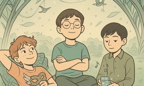 Trois garçons de 10 ans : Eliott, visage rond, lunettes fines, cheveux bruns courts, assis au centre sur un coussin de mousse, mains croisées sur la poitrine, regard vers le haut ; Yanis, cheveux en bataille, taches de rousseur, sourire malicieux, allongé à gauche sur un oreiller tissé, une main derrière la tête, l’autre tenant un masque-yeux à plumes ; Hugo, cheveux noirs lisses, posture calme, assis à droite en tailleur, tenant une petite boîte de lucioles musicales émettant des notes stylisées. Ils sont sous une grande pergola végétale futuriste — voûte de lianes argentées et fibres optiques, branches entrelacées, panneaux translucides laissant filtrer une lumière douce, tapis de mousse et coussins tissés avec de petites lucioles comme points lumineux. Scène : sieste collective dans la cité futuriste, foule floue en arrière-plan, silence suggéré par lignes ondulées, pergola lumineuse qui pulse doucement, silhouettes d’oiseaux mécaniques suspendues et pétales synthétiques tombant en pluie légère.
