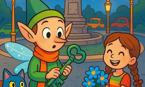 Un lutin nommé Lutinor, aux ailes translucides et brillantes, se tient au centre d'un rond-point oraculaire. Il a un museau fin et des oreilles pointues, portant une écharpe orange. Son visage exprime curiosité et émerveillement alors qu'il tient une clé en métal vert. À ses côtés, une fillette aux cheveux tressés, vêtue d'une robe colorée, sourit en tenant un bouquet de fleurs bleues. Un chat bleu, aux yeux pétillants, est assis sur un banc, observant la scène. Le rond-point est animé, entouré de lampadaires dorés et de voitures colorées. Lutinor, déterminé, est prêt à découvrir le mystère de la clé, soutenu par ses amis dans cette aventure magique.