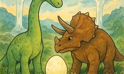 Lirio, un jeune diplodocus à la peau vert tendre et aux yeux curieux, se tient près d'un geyser chantant, tendant son long cou vers un œuf-lune brillant d'une douce lueur. À ses côtés, Tork le tricératops, robuste et protecteur, avec sa peau brun terre et ses cornes imposantes, veille attentivement sur l'œuf. Ils sont dans une vallée enchantée, où des geysers jaillissent en colonnes d'eau chaude, entourés de fougères luxuriantes et de pierres couvertes de mousse. La scène principale montre Lirio et Tork unissant leurs forces pour protéger l'œuf-lune, tandis que la lumière de la pierre-lune illumine doucement le paysage, créant une atmosphère magique et de camaraderie.