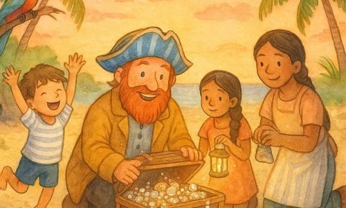 Le capitaine Octave (environ 45 ans), barbe rousse, tricorne bleu et blanc et veste moutarde, accroupi et souriant, ouvre une vieille malle remplie de perles et coquillages; Timothée (environ 10 ans) à gauche saute de joie, Zoé (environ 12 ans) à droite tient une lanterne et se penche vers Octave, Pablo (environ 30 ans), cuistot rondouillard en tablier, est agenouillé en remettant un coquillage dans la boîte; le perroquet Couac est perché sur un palmier; sur un îlot sableux au coucher du soleil, palmiers penchés et grotte en arrière, l'équipage sort du tunnel et découvre la malle enfouie, scène d'émerveillement avec lumière chaude et reflets nacrés.
