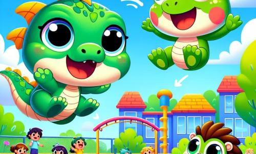 Un petit dragon nommé Doudou, avec des écailles vertes et une aile plus petite que l'autre, sourit en volant et effectuant une pirouette. À côté de lui, Lila la grenouille, avec sa peau verte brillante et ses grands yeux ronds, saute haut avec un large sourire. Max le hérisson, sur le sol, rit et applaudit ses amis avec un regard admiratif. La scène se déroule dans une cour d'école colorée, entourée de fleurs et de grands arbres, avec un ciel bleu et des enfants jouant en arrière-plan. Doudou, Lila et Max célèbrent leurs différences et illustrent l'importance de l'acceptation et de l'amitié.