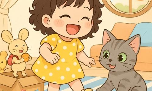 Fillette de 2 ans rieuse aux cheveux bruns bouclés, en robe jaune à pois blancs, pousse du pied une petite balle rouge; à sa droite, Tom le chat gris aux yeux verts tend la patte vers la balle; à sa gauche, une minuscule souris beige avec un petit sac rouge, installée sur une boîte en carton ouverte faisant office de mini-lit, tend un biscuit; décor : salon lumineux avec tapis rayé bleu et blanc, coussins, fenêtre ronde laissant entrer un soleil orangé et peluches éparpillées; scène joyeuse et comique, couleurs vives, formes rondes et ambiance douce.