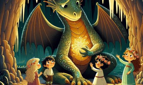 Dans une grotte sombre, un dragon immense aux écailles vertes tient le soleil dans ses griffes. Lila, une petite fille de 8 ans aux cheveux dorés et en robe rose, regarde le dragon avec compassion. Tom, un garçon de 7 ans aux cheveux bruns, lève les bras en signe de courage. Mia, une fillette de 6 ans avec une couronne de fleurs, sourit au dragon. Max, un garçon de 9 ans avec une jambe en bois, tient la patte du dragon. La grotte est éclairée par la lueur dorée du soleil, créant des ombres sur les murs. Les amis tentent de convaincre le dragon de rendre le soleil au village, montrant que l’amitié peut surmonter la solitude et la tristesse.