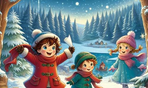 Dans une forêt enchantée, trois enfants se tiennent au centre de la scène. Léa, une fille de neuf ans aux cheveux châtains et bouclés, porte un manteau rouge vif et un bonnet en laine, souriant en tenant une lettre enroulée dans une écharpe rouge. À sa droite, Max, un garçon aux cheveux ébouriffés, est vêtu d'une veste bleue et d'un bonnet vert, regardant la lettre avec curiosité. À gauche, Mia, avec des cheveux blonds et tressés, porte un manteau rose et des gants blancs, sautant de joie. En arrière-plan, la forêt est remplie d'arbres majestueux recouverts de neige, avec un lac gelé au loin et des cristaux de glace scintillant sur les branches. Les enfants sont en pleine aventure, prêts à livrer une lettre au Père Noël pour une petite fille nommée Clara, remplis d'excitation et de magie de Noël.