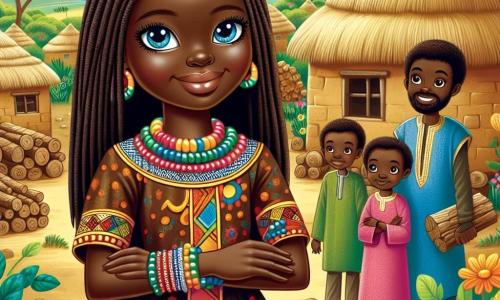 Aïssatou, une femme d'une trentaine d'années, se tient au centre de la scène, avec de longs cheveux noirs et des yeux déterminés. Elle porte une robe colorée ornée de motifs africains et sourit fièrement, tenant un morceau de bois sculpté, symbole de son engagement à construire le pont. À côté d'elle se trouve Kwame, un homme d'environ quarante ans, avec une barbe bien taillée, vêtu d'une tunique traditionnelle, admirant le travail des villageois. Le décor est un village africain en savane, avec des maisons en terre cuite, des arbres majestueux et un ciel bleu. Aïssatou et Kwame, entourés des villageois, célèbrent l'achèvement d'un pont, symbole de leur unité et diversité, tandis que les villageois, de différentes origines, se tiennent la main, souriant et prêts à traverser le pont.