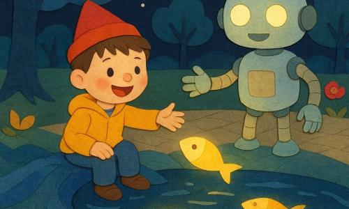 Un garçon de 4 ans, joyeux, cheveux bruns en brosse, portant un petit chapeau rouge et une veste jaune, est assis sur une grosse racine bleue et tend la main vers un poisson lumineux tandis qu'un robot nommé Zippy, métal poli aux tons pastel et yeux ronds lumineux, se tient à sa droite bras ouverts pour lui montrer un lac miroir; le décor est un parc futuriste nocturne avec allées scintillantes, fleurs en papier multicolores, grands arbres bleus aux branches en papier crêpe et poissons lumineux en papiers déchirés traçant des motifs dans l'eau, ambiance tendre, couleurs chaudes, textures de collage et bords découpés.