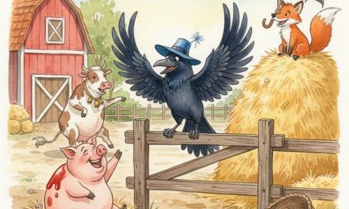 Un corbeau élégant à plumes noires bleutées porte un grand chapeau bleu et sourit en battant des ailes sur une barrière en bois; Gaston le cochon, rond et rose avec des taches de confiture, rit dans la paille à gauche; Louise la vache tachetée blanc et marron, avec des clochettes à la queue, danse près de la grange rouge; Rémi le renard roux, museau fin, est perché sur un tas de foin avec un vieux parapluie ouvert comme s'il avait sauté du toit; scène dans la cour d'une ferme ensoleillée (sol de terre battue, grange à toit de tuiles, tas de foin), moment de fête et de rires après un concours de bêtises, ambiance joyeuse aux couleurs vives et touches d'aquarelle.