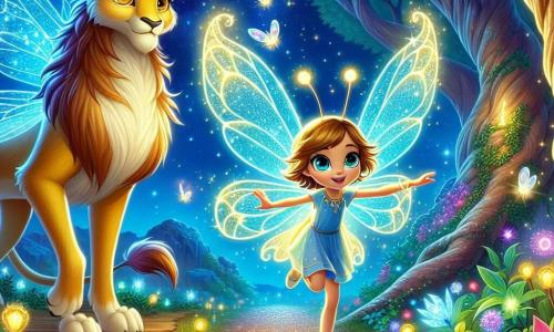 Lumine, une luciole aux ailes bleu éclatant, vole au-dessus d'un chemin scintillant, son visage déterminé. Elle est entourée d'une lumière dorée qui illumine son corps. À ses côtés, Orion, un gardien mi-cerf, mi-lion, se tient avec noblesse, ses yeux dorés pleins de sagesse. Ils se trouvent dans une forêt enchantée, avec des arbres géants et des feuilles scintillantes. La scène montre Lumine et Orion prêts à traverser un pont de lianes au-dessus d'un vide, symbolisant leur courage et leur aventure.