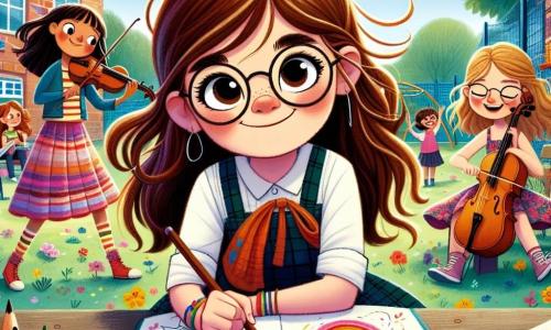 Clara, une fille de 11 ans aux longs cheveux bruns et lunettes rondes, sourit joyeusement assise sur un banc dans la cour de l'école Arc-en-Ciel, tenant un carnet de croquis entourée de crayons de couleur. À ses côtés, Léa, 12 ans, joue du violon avec passion, vêtue d'une robe colorée. Un peu plus loin, Tom, 11 ans, lit un livre sur un banc voisin, souriant à ses amis. La cour est vivante, remplie de fleurs et de fresques artistiques, sous un ciel bleu et ensoleillé. Clara dessine un paysage imaginaire, Léa joue une mélodie douce, et Tom les observe, illustrant l'esprit de camaraderie et de créativité qui règne ici.