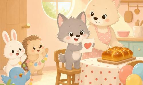Petit Loup, petit loup gris au pelage doux, yeux ronds brillants et grandes oreilles, souriant debout sur une chaise devant une table et tenant une petite carte avec un cœur rouge ; Maman Loup, loupette crème au regard tendre, préparant une brioche dorée sur la table à droite ; trois amis — un lapin blanc, un hérisson beige et un oiseau bleu — applaudissent près de la porte en tenant des guirlandes ; cuisine lumineuse et cosy aux murs pêche, table en bois clair avec nappe à pois rouges, fenêtre ronde laissant entrer un rayon de soleil et ballons attachés à une chaise ; scène d'anniversaire : Petit Loup découvre la carte sur la table et sourit de surprise, la pièce décorée de couleurs gaies.