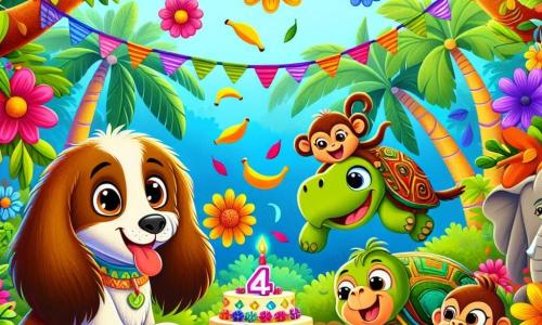 Un chien nommé Max, avec de grandes oreilles et une queue qui remue, se tient au centre de la scène, souriant avec des yeux pétillants, entouré de décorations colorées. À sa droite, Lola, une tortue verte, coupe un énorme gâteau aux fruits, concentrée mais heureuse. À gauche, Coco, un singe espiègle, jongle avec des bananes en riant. La scène se déroule dans une jungle vibrante, remplie d'arbres majestueux et de fleurs éclatantes, sous un ciel bleu ensoleillé. Au fond, des animaux curieux regardent avec émerveillement. Max et ses amis sont en pleine fête, riant et s'amusant ensemble, tandis qu'un léger vent fait voler quelques décorations.