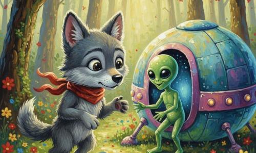 Un petit loup gris et duveteux, yeux brillants et expression émerveillée, debout près d'une clairière, renifle le sol en regardant un objet étrange ; il porte une écharpe rouge froissée. Un extraterrestre vert lumineux, peau lisse, grands yeux noirs et sourire amical tend la main depuis la porte arrondie d'un vaisseau ovale bleu-rose-argent aux lumières clignotantes, posé sur un tapis de mousse et fleurs multicolores. La clairière, entourée d'arbres aux troncs texturés et de fleurs rouges et jaunes, est baignée de rayons dorés ; ambiance chaleureuse, couleurs vives et composition centrée, rencontre magique et amicale adaptée aux enfants.
