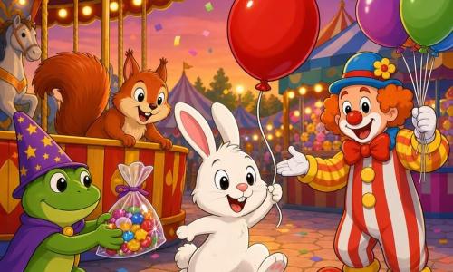 Un petit lapin blanc aux grandes oreilles roses tient un ballon rouge et saute au premier plan, près d'un écureuil roux près d'une barrière de manège; à gauche une grenouille au chapeau offre des bonbons, à droite un clown amical agite des ballons; décor : petit parc de carnaval avec manège en bois peint, stands rayés, guirlandes et confettis, ambiance joyeuse et chaleureuse au crépuscule.