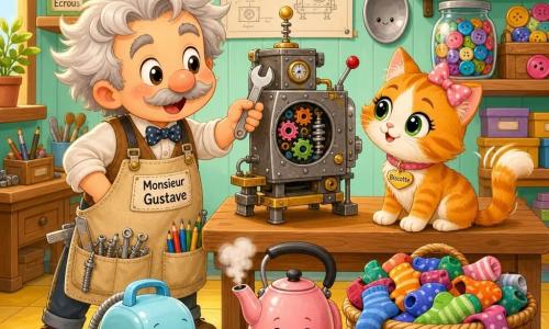 Monsieur Gustave souriant, cheveux blancs-gris en bataille, grand tablier beige plein d'outils, tend une petite clé vers une machine en construction sur une table où est assise Biscotte, chatte roux et blanc aux yeux verts curieuse qui remue la queue; sur la table trois objets alignés — aspirateur bleu pastel, bouilloire rose fumante et panier de chaussettes multicolores — dans un atelier lumineux aux étagères chargées, sol carrelé jaune et murs mint; ambiance joyeuse, couleurs vives, traits ronds et composition centrée, lisible pour enfant.
