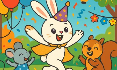 Lapinou, un petit lapin aux grandes oreilles et à la fourrure blanche, porte un chapeau pointu et une cape dorée qui scintille. Il sourit joyeusement et saute au milieu de la fête. À ses côtés, Zouzou la souris, habillée de bleu avec une robe à pois, danse en riant. Nino l'écureuil, avec sa fourrure brune, applaudit en sautant. La scène se déroule dans une clairière enchantée, entourée d'arbres colorés, avec des guirlandes de fleurs et des lanternes. Des confettis tombent et des ballons flottent. Lapinou et ses amis dansent ensemble, célébrant le carnaval magique avec des rires et des chants, créant une atmosphère de joie.