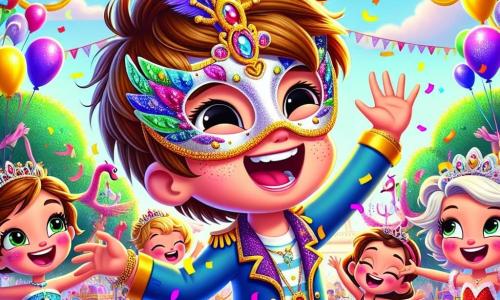 Un garçon de 6 ans, Tommy, avec des cheveux bruns en bataille et un grand sourire, porte un masque magique aux couleurs vives et danse avec enthousiasme, entouré de confettis. À ses côtés, Lila, déguisée en coccinelle, rit en agitant les bras. Un peu plus loin, Zoé, habillée en princesse, fait des pirouettes avec un ballon en forme de cygne. La scène se déroule dans le parc Fleuri, rempli de guirlandes colorées et de ballons flottants, avec des arbres décorés et une grande roue illuminée en arrière-plan. Tommy, Lila et Zoé s’amusent ensemble, créant une atmosphère magique et joyeuse.