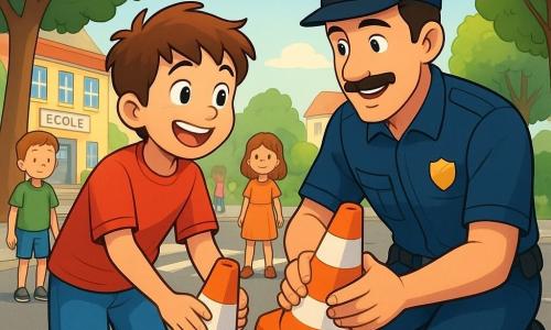 Antoine, un garçon de 8 ans aux cheveux bruns et aux yeux pétillants, porte un t-shirt rouge et un short bleu. Il sourit avec excitation en aidant son oncle Paul, un policier dans la trentaine avec une moustache, à installer des plots de sécurité. Ils se trouvent dans une rue animée près d'une école, entourés d'arbres et d'enfants jouant sur le trottoir. Le soleil brille, créant une ambiance chaleureuse. Antoine et Paul placent les plots, tandis que des enfants curieux les observent avec admiration. L'atmosphère est joyeuse et dynamique, reflétant un sens du devoir et de l'entraide.