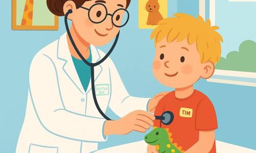 La docteure Lily est une femme souriante, avec des cheveux bruns en chignon et des lunettes rondes. Elle porte une blouse blanche et un stéthoscope autour du cou. Elle écoute le cœur d'un petit garçon, Tim, un garçon de 6 ans avec des cheveux blonds en bataille, assis sur une table d'examen, inquiet mais souriant, tenant un jouet dinosaure. L'hôpital est lumineux, avec des murs bleu clair et des dessins d'animaux. La docteure rassure Tim en lui parlant doucement, et il semble de plus en plus détendu.