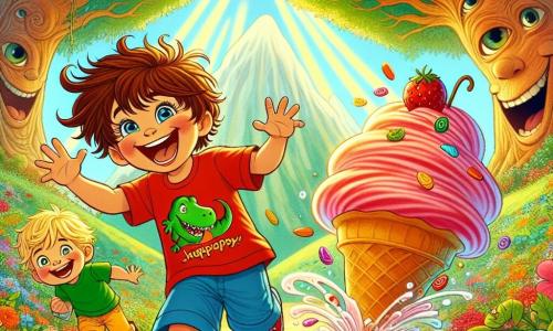 Max et Léo, deux garçons de cinq ans, se tiennent au centre de la scène. Max, avec ses cheveux châtains en bataille, porte un t-shirt rouge et un short bleu, riant aux éclats en essayant d'attraper une glace à la fraise qui roule. Léo, aux cheveux blonds, est légèrement en arrière, souriant et prêt à courir après la glace, vêtu d'un t-shirt vert et d'un short jaune. En arrière-plan, la Forêt des Rires, avec ses arbres géants et ses feuilles colorées, crée une ambiance magique. Cette scène montre les deux garçons en pleine chasse à la glace, entourés de couleurs éclatantes et de fantaisie humoristique.