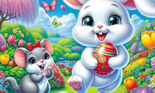 Un petit lapin blanc nommé Loulou, avec de grandes oreilles et des yeux joyeux, saute dans un jardin coloré, tenant un œuf rouge dans ses pattes avant et souriant. À côté de lui, Margot, une souris grise avec un nœud rouge, applaudit avec admiration. Le jardin est rempli de tulipes, de papillons et d'un ciel bleu. Loulou cherche des œufs colorés cachés, tandis que Margot l'encourage, créant une ambiance festive et joyeuse.