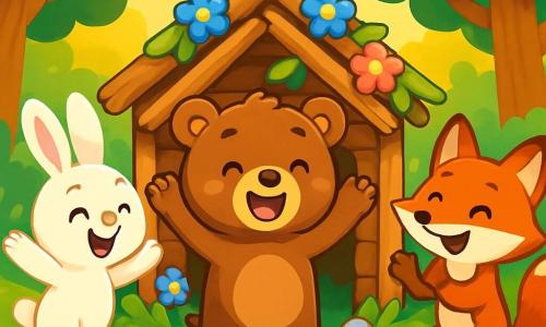 Un petit ours brun nommé Oscar, avec un pelage doux et des yeux pétillants, se tient devant une cabane en bois qu'il a construite avec ses amis. Il sourit fièrement, les bras levés. À ses côtés, Léa, une lapine blanche, saute de joie, et Max, un renard roux, applaudit. Zoé, une tortue verte, sourit en tenant une pomme, légèrement en retrait. Le décor est une forêt verdoyante, baignée de lumière dorée, avec des arbres majestueux et des fleurs éclatantes. La cabane est décorée de fleurs et de pierres brillantes, entourée de verdure. Oscar et ses amis célèbrent leur réussite dans un moment de partage et d'amitié.