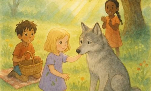 Une fillette de six ans confiante aux cheveux blonds mi-longs et yeux verts tend la main en souriant vers un grand loup gris au pelage argenté, assis paisiblement au centre d'une clairière ensoleillée; à gauche, un garçon d'environ huit ans aux cheveux bruns, assis sur une couverture de pique-nique avec un panier ouvert, regarde étonné mais rassuré, et une fille de sept ans à la tresse noire applaudit timidement près d'un chêne noueux; herbe verte parsemée de fleurs, nappes à carreaux et paniers en osier complètent la scène d'un pique-nique convivial baigné d'une lumière dorée, empreinte de confiance et de paix.